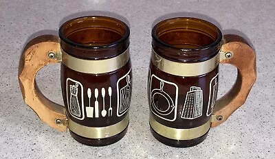 Vintage Set Of 2 Small Siesta Ware Amber Glass Mugs With Kitchen Utensil Theme • $8