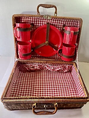 VTG Beau Rivage Wicker Suitcase Picnic Basket W 4 Red Cups Plates Red Gingham • $17.46