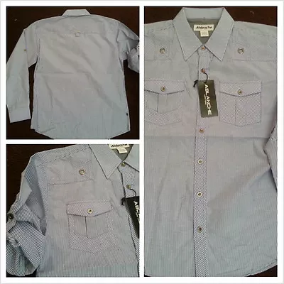 Blue White Long Sleeve Button Up Shirt Military Style Roll Up Sleeve Shirt L-2X  • £19.28