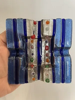 Vtg Blue Murano Art Fused Glass Decorative Ash Tray Square Trinket Dish • $11