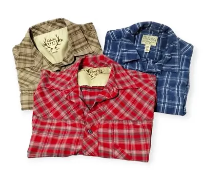 Cabelas Mens Red Khaki Blue Plaid Button Down Shirt Size Medium LOT OF 3  EUC • $16