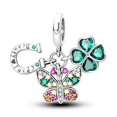 Beauty Lucky Luck HorseShoe Butterfly Four Leaf Clover Charm Sterling Silver 925 • £13.99