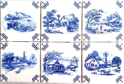 Farm Country Scenes Delft Design 6 Ceramic Tile Blue 4.25  X 4.25  Kiln Fired • $52