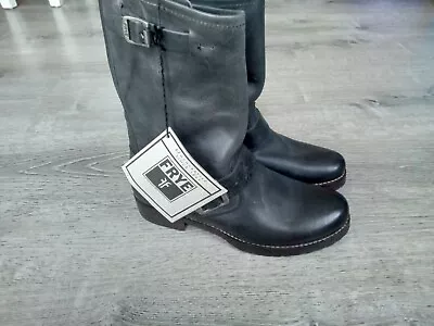 FRYE & CO Veronica Boots Womens 7.5 B Mid Calf Black Leather Slip On Moto 77510 • $67.99