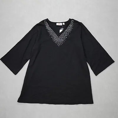 Quacker Factory Top Women 1X Black Sequins V Neck 3/4 Sleeves NEW • $30.60