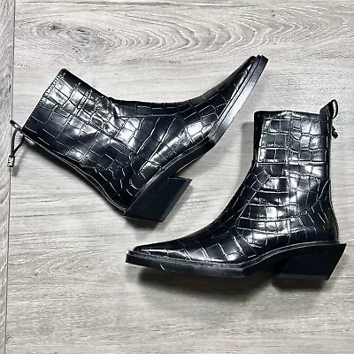 Zara Black Croco Embossed Faux Leather Ankle Women’s Boots Sz US 7.5-8M - 38 EU • $49.99