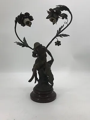 Antique French Spelter Bronze Art Nouveau Newel Post Lamp Boy W/ Dog L F Moreau • $895