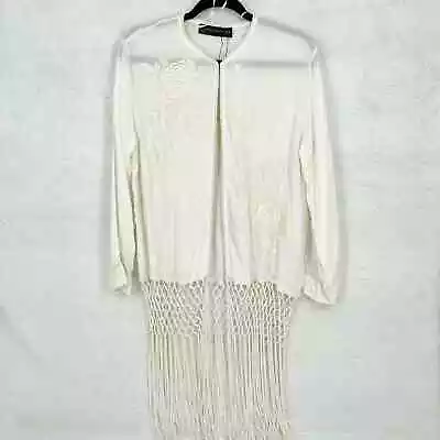 Zara Women's Off-White Embroidered Kimono Jacket Fringe Cardigan Size Medium • $68