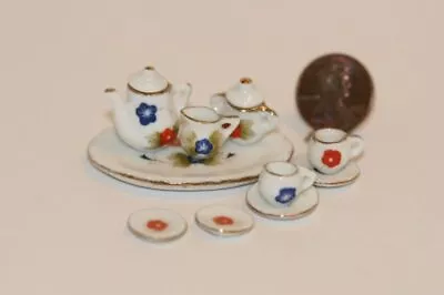 Dollhouse Miniature Ceramic Tea Set For Two W/ Blue & Red Flowers • $9.99