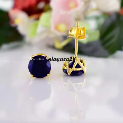 1.20 Ct Round Cut Lab Created Sapphire Stud Earring Yellow Gold Plated For Women • $19.88