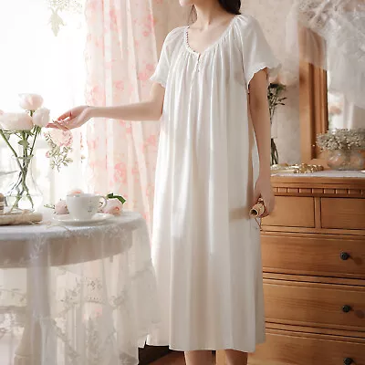 Women's Cotton Victorian Nightgown Short Sleeve Soft Vintage Midi Pajama Dress • $23.99