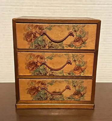 Vintage Japanese Miniature Three Drawer Chest With Roses 6 1/2  X 5 3/4  • $24