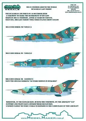 Model Maker Decals 1/48 MIKOYAN MiG-21  FISHBED  Bulgarian Air Force Last Flight • $7.50