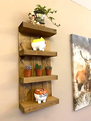 Rustic Wooden Shelves Wood Shelving Display Floating Shelf Wall Mounted 4 Tier • £34.99