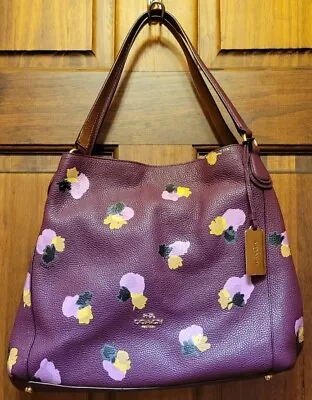 Coach Edie Shoulder Bag Yellow Pink & Black Floral Plum Purple Leather 37160 • $275