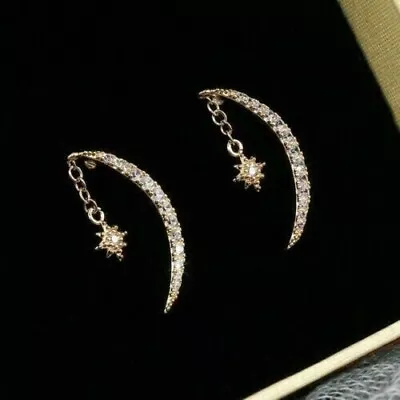 1Ct Round Simulated Diamond Star & Moon Drop/Dangle Earrings 925 Sterling Silver • $76.49