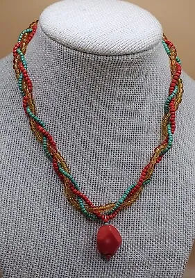 Handmade 15” Yellow Green & Red Glass Necklace W/ .5  Red Stone Pendant • $9