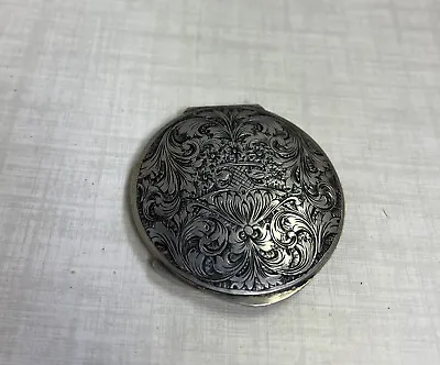 Vintage 800 Italian Silver Ornate Etched Round Compact MARKED 241FI 800 • $85
