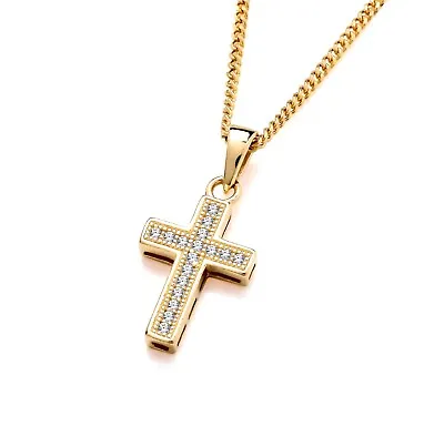 9ct Yellow Gold On Silver Cross Pendant Necklace Stone Set + 16  18  20  Chain • $19.18