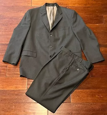 DKNY Gray White Striped Mens 46 R 2 Piece Wool Blazer Suit Jacket Dress Pants • $44.99