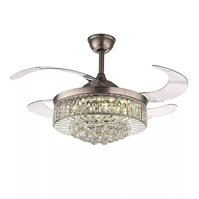 Luxury Crystal Ceiling Fan Light Blades Retractable LED Chandelier Fan & Remote • $112