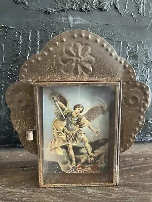 Mexican Tin Framed In Glass Archangel Michael Print Art 6.5”x6” • $18