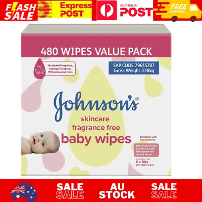 JOHNSON'S Baby Skincare Fragrance Free Baby Wipes 6 X 80 Pack • $36.19