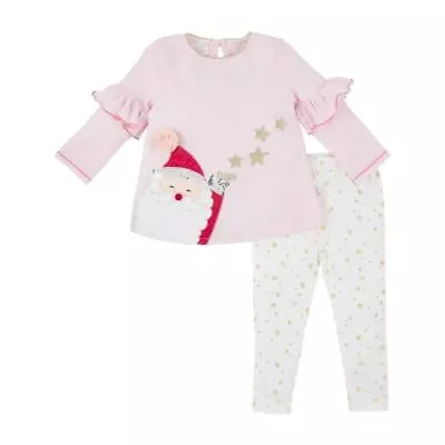 Mud Pie Kids Pink Santa Applique Tunic Christmas Top Gold Star Print Legging Set • $32.99