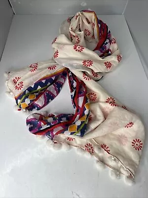 J CREW 100% Cotton Mixed Print India Boho Pom Scarf Shawl Wrap 28 X 76  • $13.90