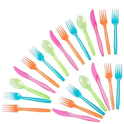 $15.99 • Buy Plastic Silverware Set - 144-Piece Neon Cutlery In Green, Blue, Orange, And Pink