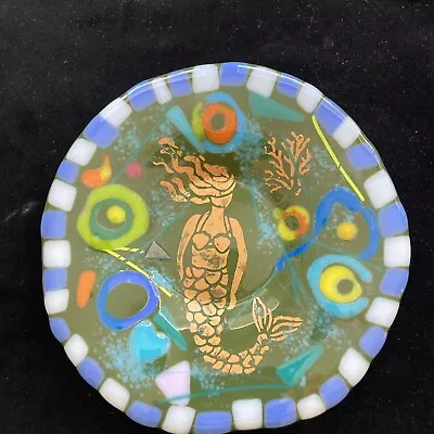 “Mermaid On Green Design Fused Art Glass  Handmade 8”x 1” Bowl • $42