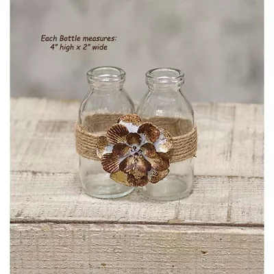 2 Miniature Glass Milk Bottles W/ Brown Metal Flower ---  Wrapped With Jute  • $5.95