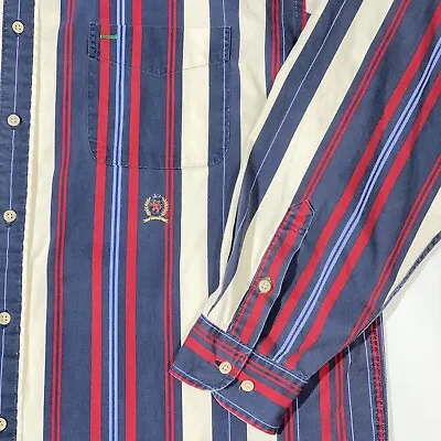 Vintage 90s Tommy Hilfiger Button Down Shirt Men’s XL Red Blue Striped W/ Crest • $19.95