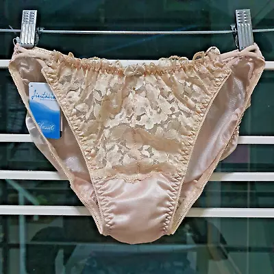 Slippery Nylon Lace Panty Sissy Gold Beige Polyester Bikini Sz. Small Hip 32-36  • $40.63