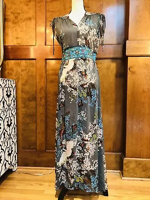 Meghan Fabulous Floral Birds Design Gray Chiffon Long Dress Size XXS • $30