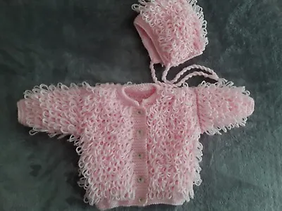 Hand Knitted Baby Girls Loop Stitch Cardigan Up To 6 Months(approx)+ Hat • £10