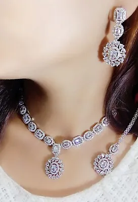 Designer Indian Bollywood Silver Plated White CZ Necklace Jhumka Tika Set • $22.24