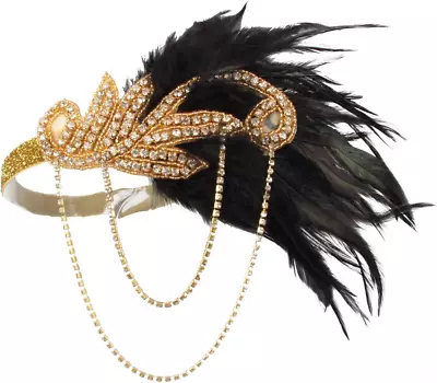 1920S Flapper Headband Roaring Vintage Feather Headpiece Gold Bling Rhinestone 2 • $16.43