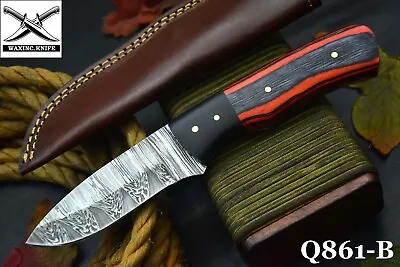 Custom Damascus Steel Hunting Knife HandmadeG-10 Micarta & Wood Handle (Q861-B) • $19.99