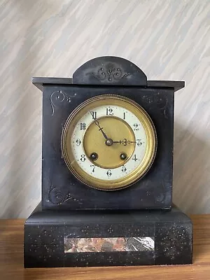 ANTIQUE GERMAN H.A.C. SLATE & MARBLE MANTEL CLOCK. WORKING 27 Cm TALL. • £40