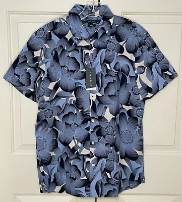 NWT Perry Ellis M Stretch Blue White Floral Short Sleeve Button Up Shirt Mens • $46.12