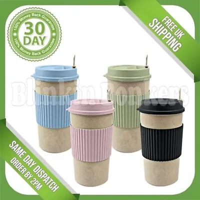 450ml Travel Coffee Mug Tea Cup Reusable Eco Friendly Lid Blue Black Pink Green • £5.79