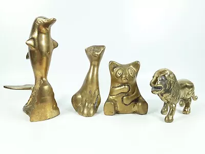 Lot Of 4 Small Vintage Brass Animal Figures Panda Lion Cat Dolphin 2.5 -5  Tall • $17.99