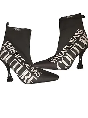 Versace Jeans Couture Black High Heel Signature Print Ankle Boots • $280