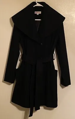 Merona Black Wool Blend Coat Size Medium Snap Closure With Belt Strap • $39.99