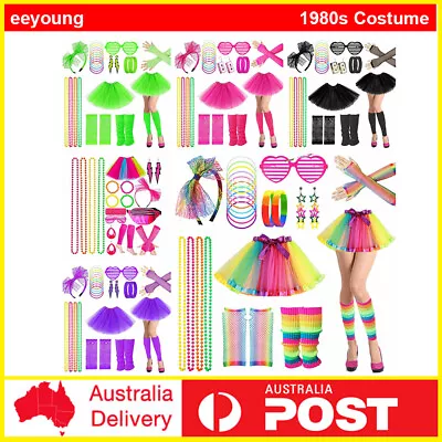 Ladies 80s Costume Set 1980s Party Girl T-shirt Rainbow Skirt Girls Fancy Dress • $34.99