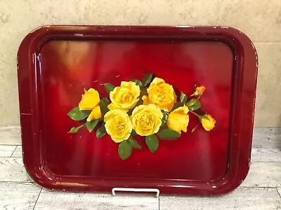 Vintage Metal Tray Red With Yellow Roses  • $10