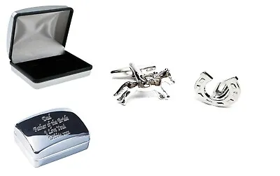 Horse Racing Cufflinks & Engraved Chrome Case Personalised.  PSN014+PSN017+DCB • £16.99