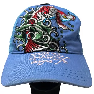 Don Ed Hardy Koi Carp Fish Retro Vintage Y2K Snapback Mesh Trucker Hat Cap Blue • $44.95