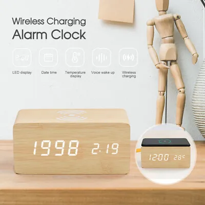 $26.99 • Buy Digital Alarm Clock Wooden Table Desk Bedside LED Clock With Wireless Charger AU